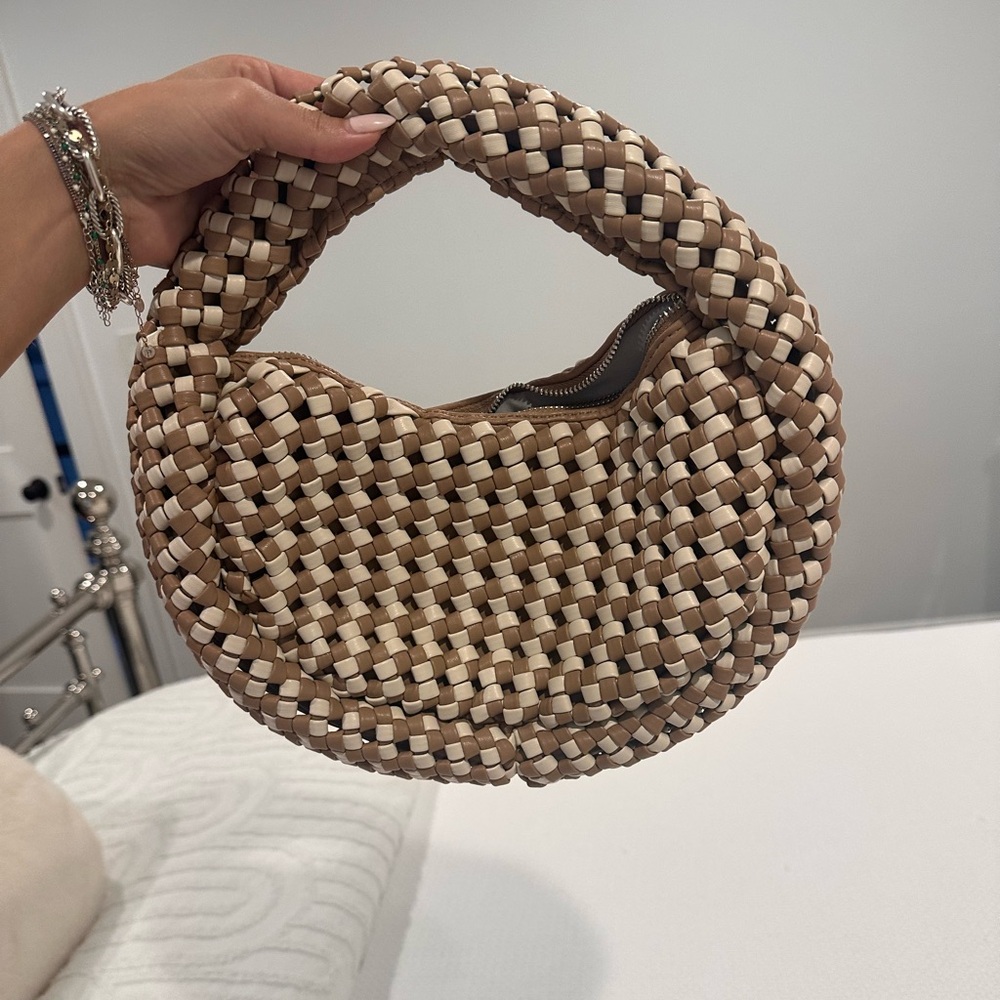 Brown and cream leather woven handbag